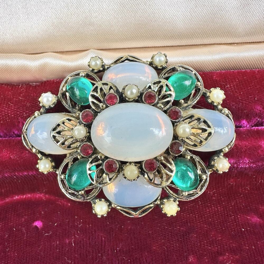 Vintage Emmons Brooch Opalite Cluster Cab Gold Tone Faux Pearl Rhinestone